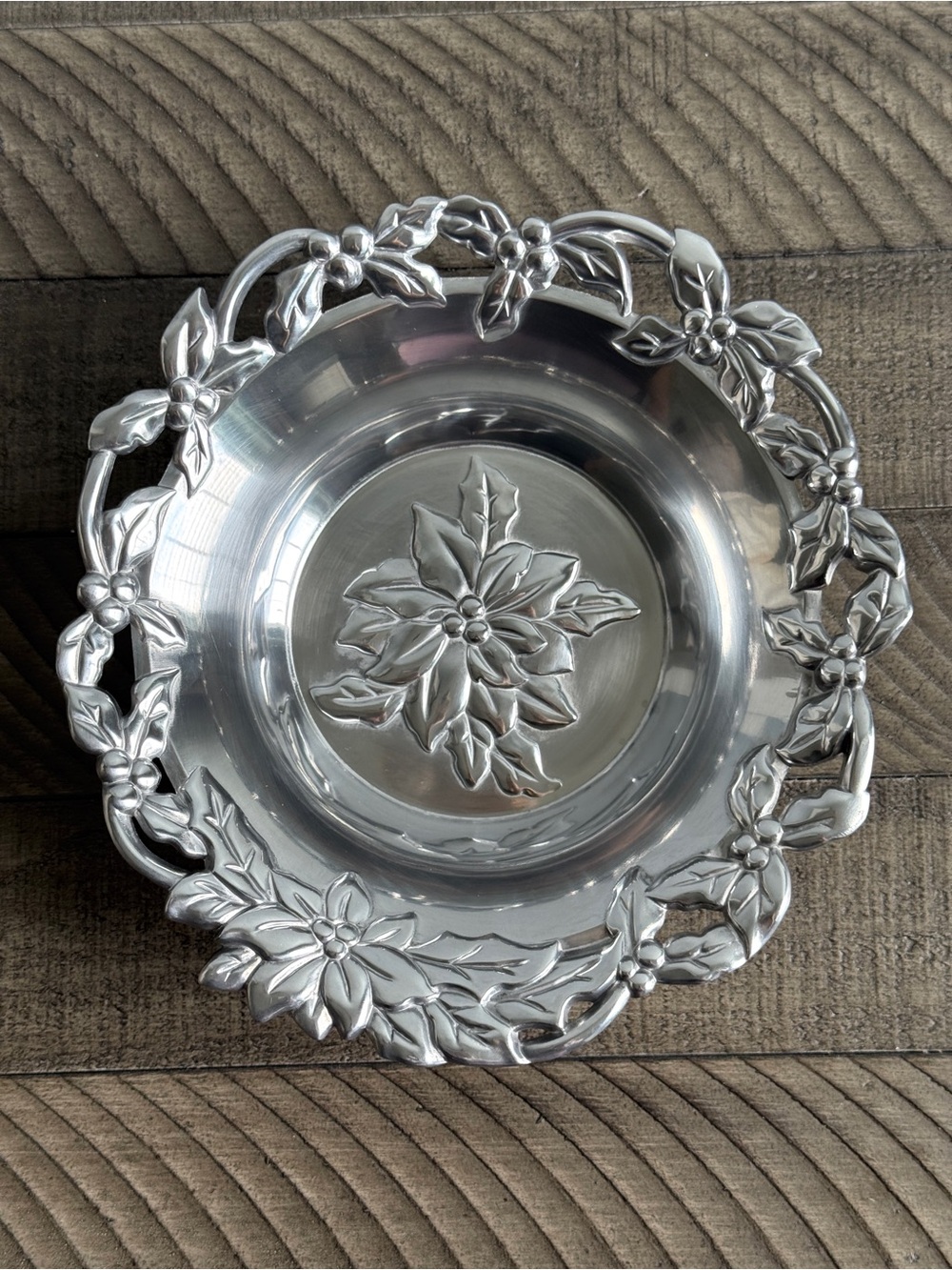 Silver Decorative Poinsettia Serving Bowl - Home Dining / Candy Dish